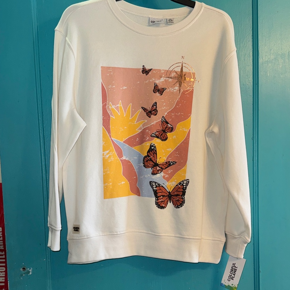 White Sweatshirt with Butterfly Print